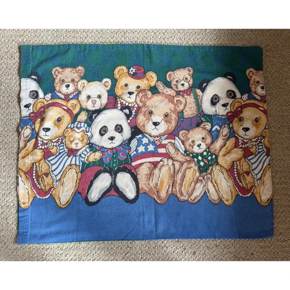 Vintage Teddy Bear Pillowcase Kids Nursery Bedding Cottagecore Decor